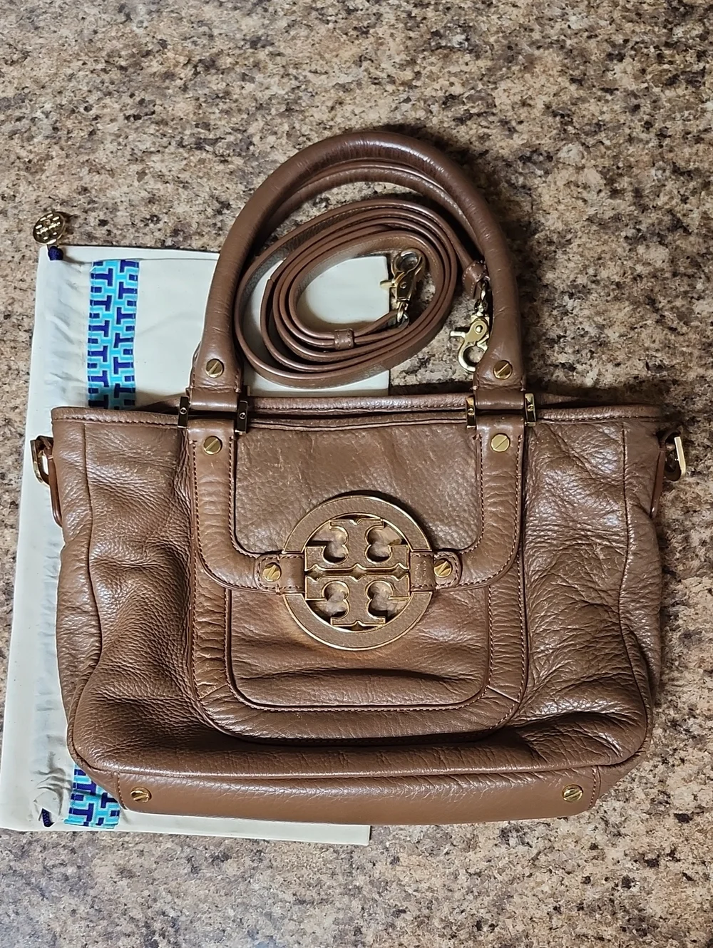 Tory Burch Amanda Brown Leather Satchel Handbag with Gold Logo Accent
